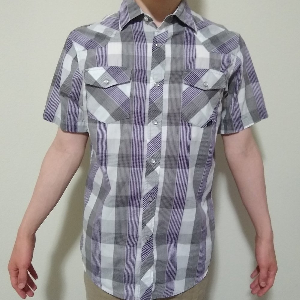 Western snap shirt w/ purple plaid, medium